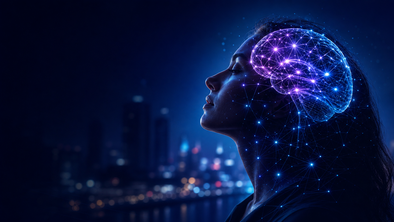 Woman's profile with an illuminated neural network overlay