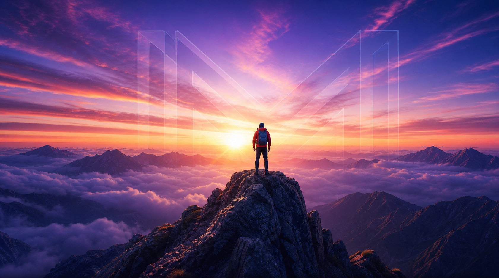 Person standing on a mountain ridge at sunrise